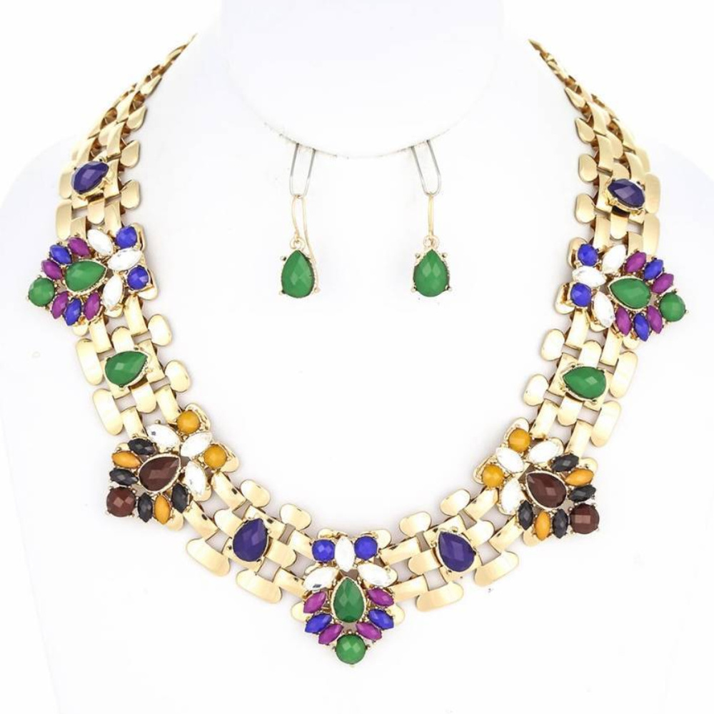 Multi Color Bead Gold Tone Necklace Earring
